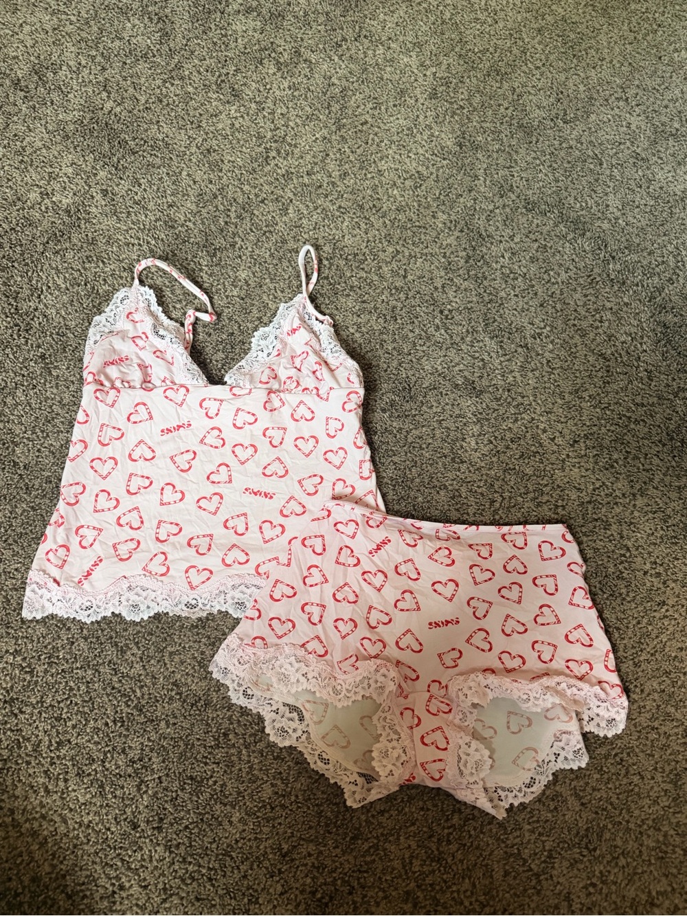 SKIMS Pink Heart Lace Trim Camisole & Shorts Set